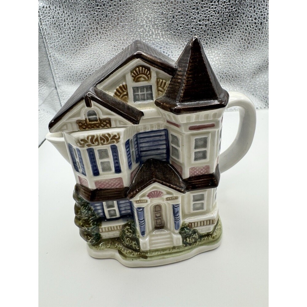 Otagiri Japan Hand Painted Ceramic House Pattern Creamer w/ Lid Handle